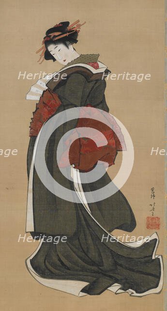 Woman Holding a Fan, Edo period, ca. 1810-1811. Creator: Hokusai.