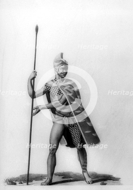 Young officer wearing a typical costume of malo, Hawaii, 1819. Artist: Jacques Etienne Victor Arago