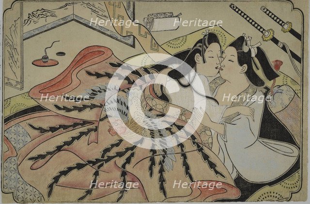 Lovers under a quilt with phoenix design, 1680s.