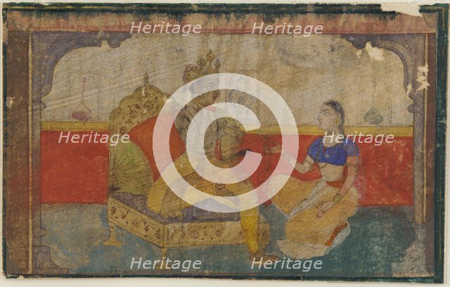 The lover (Krsna) in conversation with the messenger from the beloved, from a Rasikapriya, ca. 1617. Creator: Unknown.