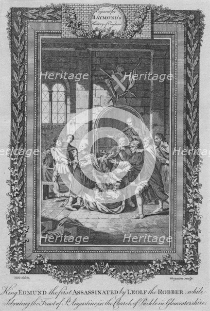 'King Edmund the first Assassinated by Leolf the Robbe', c1787. Artist: Unknown.