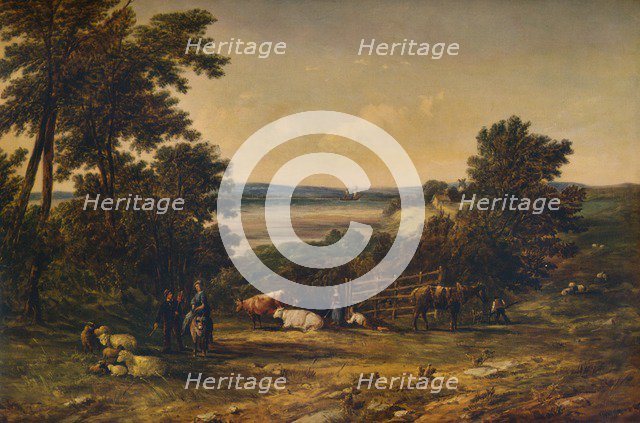 'A Harbour surrounded by Wooded Hills and Meadows with Cattle', 1859, (1938). Artist: Alfred Vickers.
