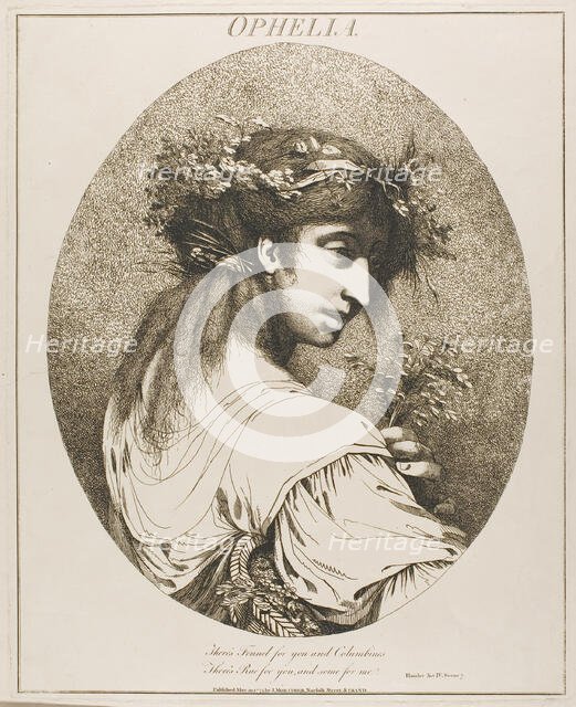 Ophelia, from Twelve Characters from Shakespeare, May 20, 1775 (originally published); pub. 1809. Creator: John Hamilton Mortimer.