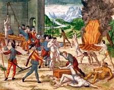 Spanish conquistadors torturing American indians, 1539-1542. Artist: Unknown