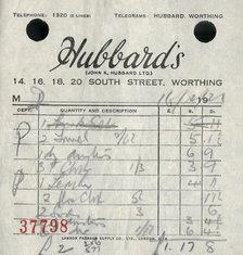 Receipt from Hubbard's department store, 1921. Creator: Unknown.
