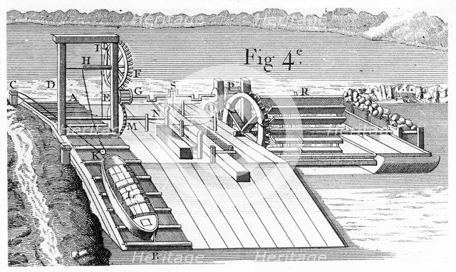 Roller Bridge or inclined plane for transferring vessels from one level of waterway to another,1737. Artist: Unknown