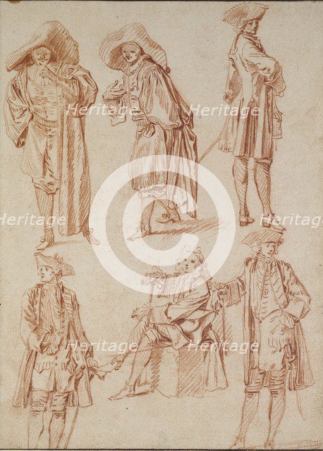 Two Studies of the Doctor in the Italian Comedy and four Officers, 18th century. Artist: Jean-Antoine Watteau.