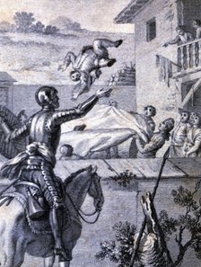 Engraving in an episode of Don Quixote, in 'El Ingenioso Hidalgo Don Quijote de la Mancha' (The I…