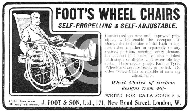 Foot's wheel chairs - self-propelling and self-adjustable, 1909. Creator: Unknown.