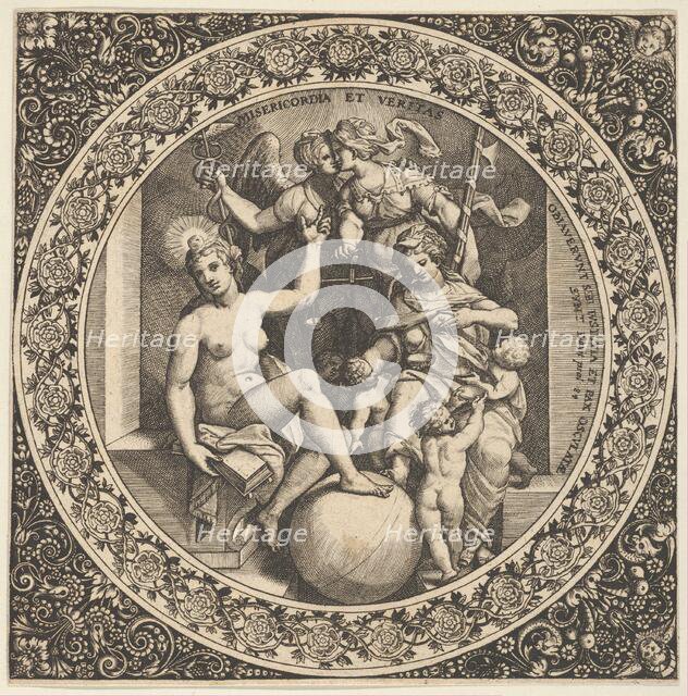 Scene with Misericordia and Veritas in a Circle at Center, 1580-1600. Creator: Theodor de Bry.