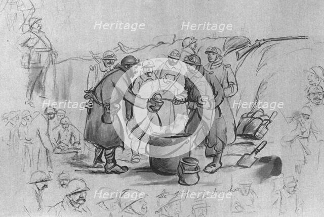 'Deux pages de l'album de sem : la soupe a la tranchee', 1916. Creator: Georges Goursat.