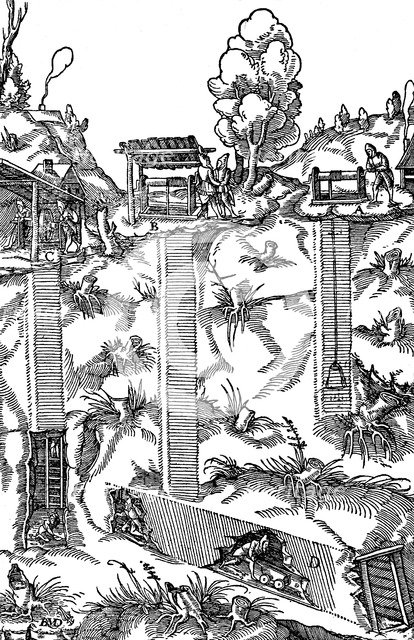 Sectional view of a mine showing shafts and galleries, 1556. Artist: Unknown