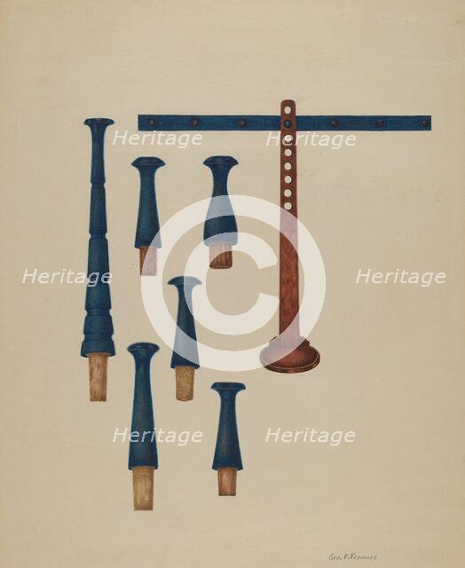 Shaker Pegs and Candlestand, c. 1938. Creator: George V. Vezolles.