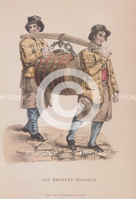 Two ale brewer's draymen carrying a barrel between them, c1830. Artist: Anon