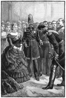 The Shah of Persia presenting his suit to Queen Victoria at Windsor, mid-late 19th century. Artist: Unknown
