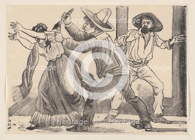 A man grabbing a woman by her sleeve and stabbing her, from a broadside entitled 'The murd..., 1891. Creator: José Guadalupe Posada.