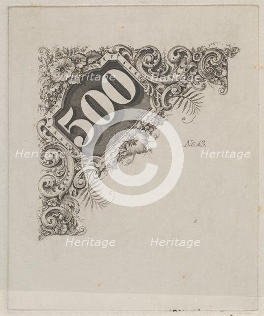 Banknote motif: number 500 in an ornamental frame, ca. 1824-42. Creator: Durand, Perkins & Co.