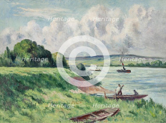 Rolleboise, barques et remorqueur sur le fleuve, 1919. Creator: Luce, Maximilien (1858-1941).