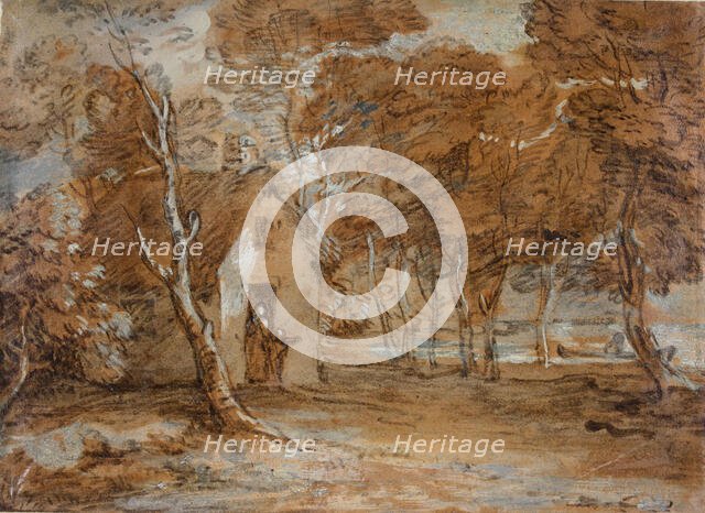 Wooded Landscape, Cottage, Figures and Boat on Lake, 1783-1785. Creator: Thomas Gainsborough.