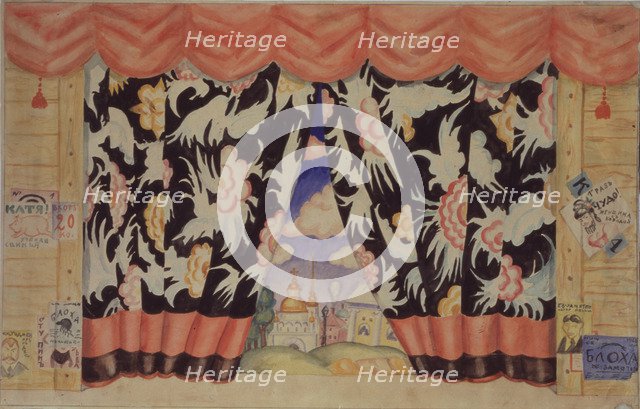 Sketch of curtain for the theatre play The flea by E. Zamyatin, 1925-1926. Artist: Kustodiev, Boris Michaylovich (1878-1927)