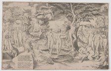 Cupid in the Elysian Fields tied to a tree in the centre, surrounded by many figures, 1563., 1563. Creator: Giulio Bonasone.