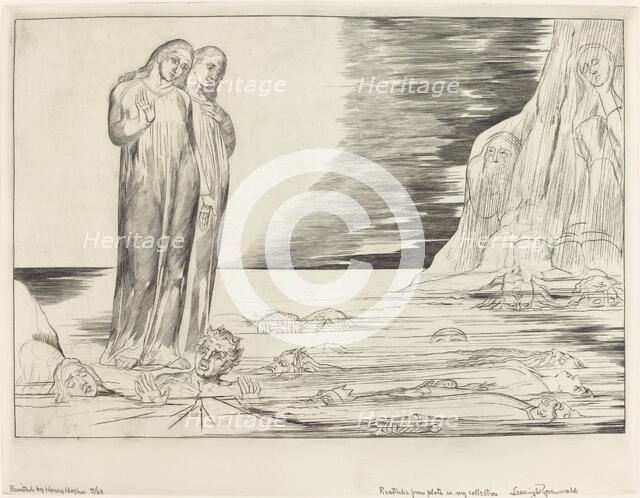The Circle of the Traitors; Dante's Foot Striking Bocca degli Abbate, 1827. Creator: William Blake.