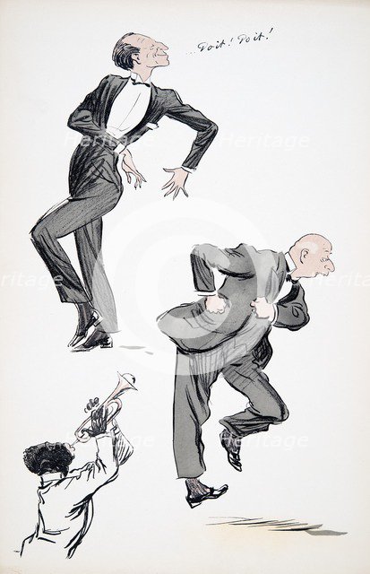 Two men in suits dancing while a musician plays the trumpet, from 'White Bottoms' pub. 1927.
