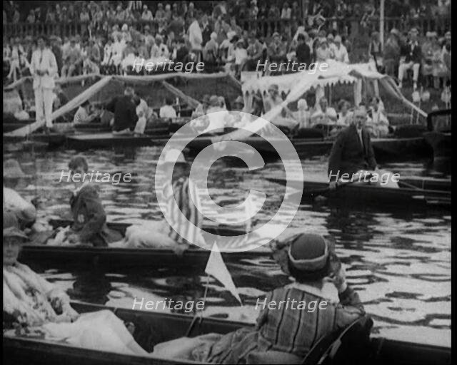 Groups of People Picnicking in Punts at Boulter's Lock, Maidenhead, 1926. Creator: British Pathe Ltd.