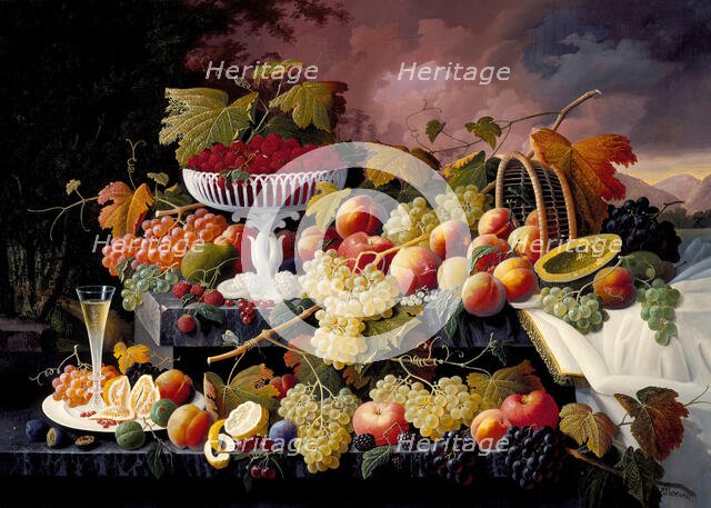 Fruit Still Life in a Landscape, between c1862 and c1872. Creator: Severin Roesen.