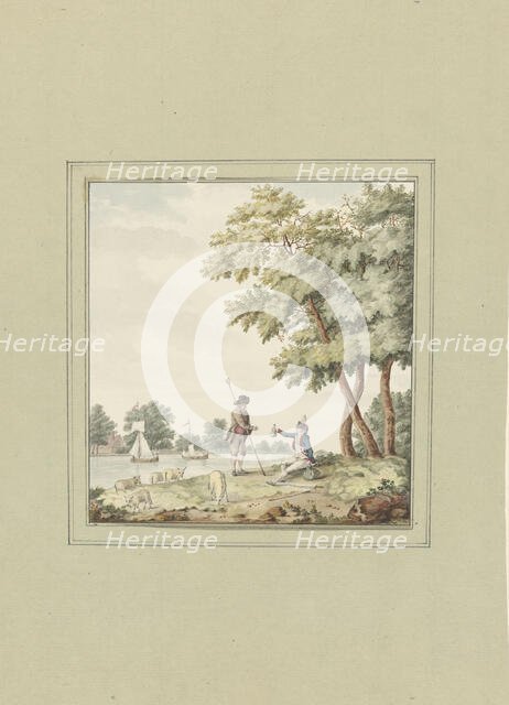 A soldier hands a shepherd a bag of money, 1700-1800. Creator: Anon.