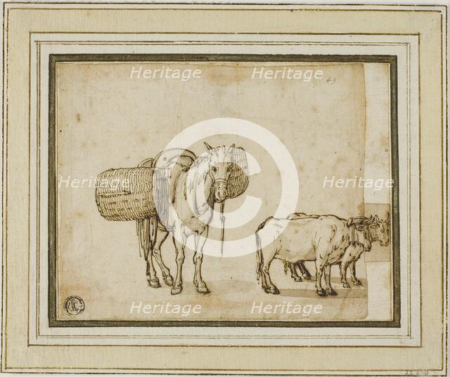 Two Sketches: Mule Carrying Baskets, Pair of Yoked Oxen, n.d. Creator: Cornelis de Wael.