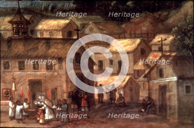 Conquest of America. New village and SP de Alcántara, where the Indians live. Detail from the boo…