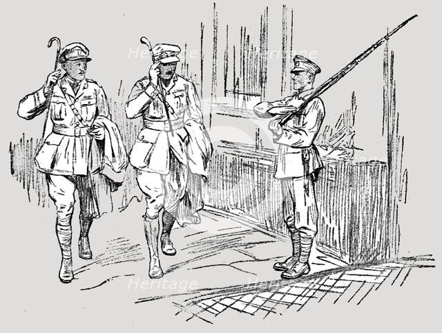 'L'Armee Britannique dans le Nord de la France; Sentinelle saluant un capitaine et un...,1916. Creator: Unknown.