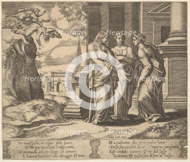 Plate 15: Psyche relating her misfortunes to her sisters, from The Fable of Psyche, 1530-60. Creator: Master of the Die.