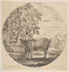 A peasant woman with a cow at a fountain decorated with the Medici arms, from 'Six ani..., ca. 1646. Creator: Stefano della Bella.