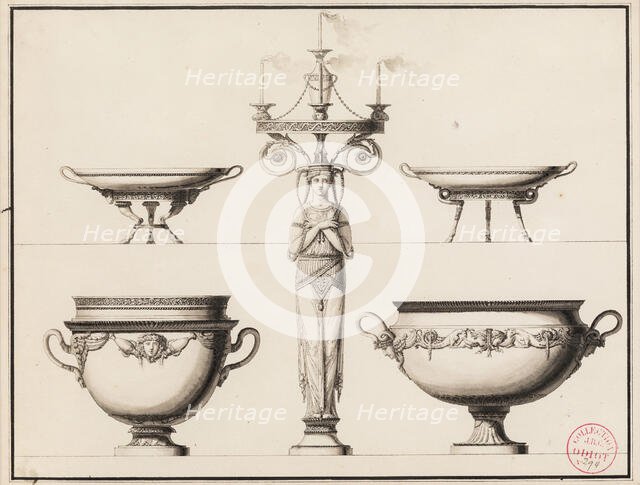 Design for a Candlestick in the Form of a Woman, Two Entree Cups..., between 1785 and 1789. Creator: Jean Guillaume Moitte.