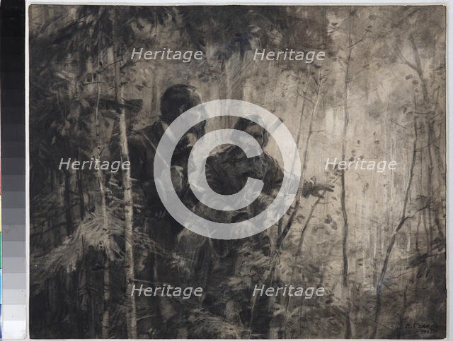 Nikolay Nekrasov with Gavrila Zakharov at hunting, 1955.