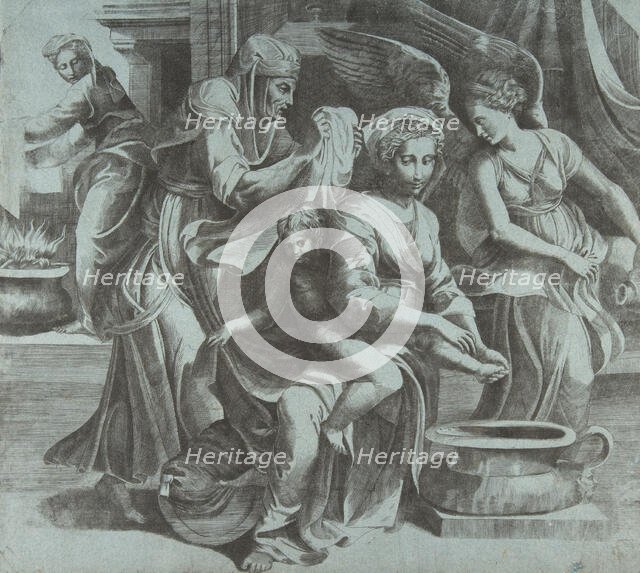 The Virgin washing the Christ Child accompanied by figures and an angel at right, ..., ca. 1550-60. Creator: Giulio Bonasone.