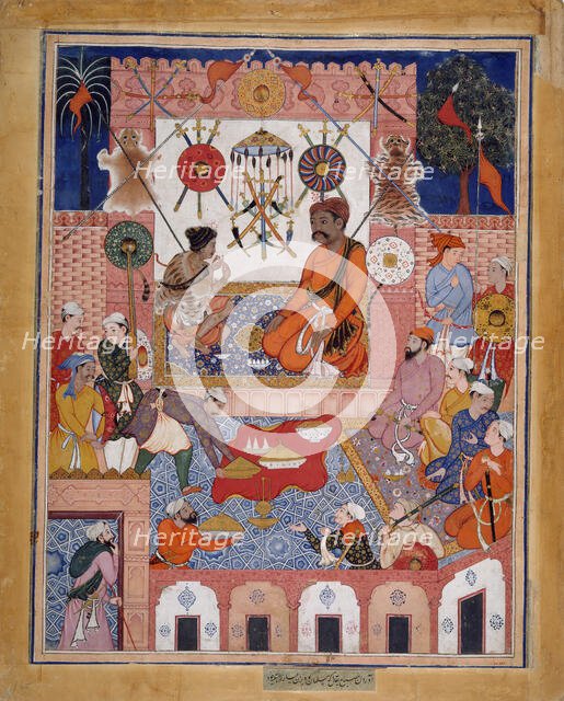 Misbah the Grocer Brings the Spy Parran to his House, Folio from a Hamzanama..., ca. 1570. Creator: Attributed to Dasavanta.