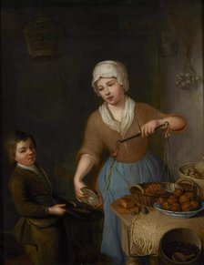 A pantry scene with a maid and boy weighing hazelnuts, 1756. Creator: Rijnenburg, Nicolaas (1716-1802).