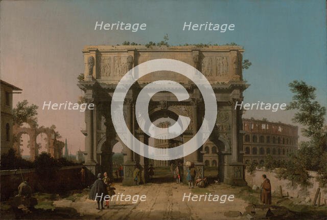 View of the Arch of Constantine with the Colosseum, 1742-1745. Creator: Canaletto.
