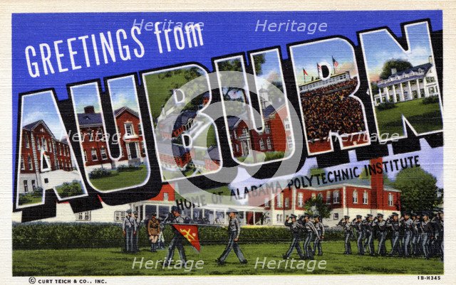 'Greetings from Auburn, home of Alabama Polytechnic Institute', postcard, 1941. Artist: Unknown