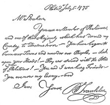 Facsimile of a letter from Benjamin Franklin to Mr Strahan, 1775 (c1880). Artist: Unknown