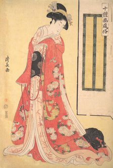 Pictures of Ten Styles (Jittaiga Fuzoku): A Young Woman with a Dog, ca. 1790-91. Creator: Torii Kiyonaga.