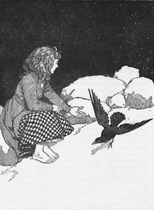 'Suddenly a Large Raven Hopped Upon the Snow in front of her', c1930. Artist: W Heath Robinson.
