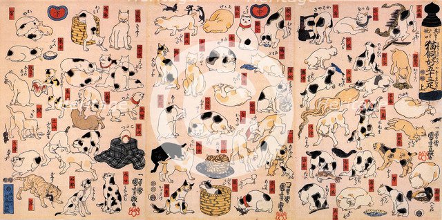 Cats. From the Series Fifty-three Stations of the Tokaido (Triptych), ca 1848. Artist: Kuniyoshi, Utagawa (1797-1861)