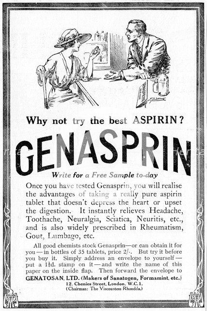 Advertisement for Genasprin, a proprietary brand of the drug Aspirin. 1919. Artist: Unknown
