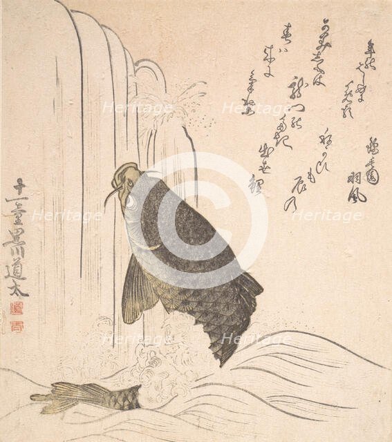 Carp Trying to Swim up a Waterfall, probably 1820. Creator: Kurokawa Michita.