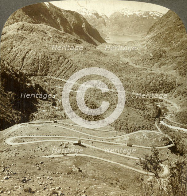 'Great zigzag loops of road descending from Dyreskard Pass - west to Roldal Lake, Norway', c1905. Creator: Unknown.