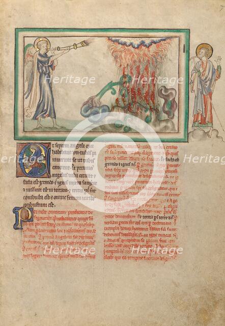 The First Trumpet: Hail and Fire Fall from Heaven; Dyson Perrins Apocalypse, about 1255-1260. Creator: Unknown.